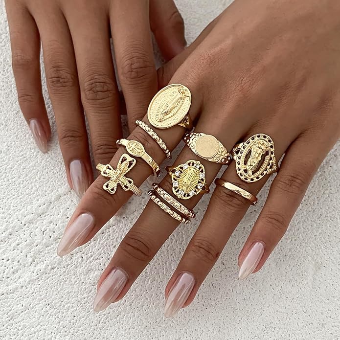 Chunky Gold Rings for Women Rhinestone Stackable Knuckle Ring Set Open Adjustable Statement Ring Set Dainty Crown Cross Midi Rings Fashion Jewelry Gift for Women
