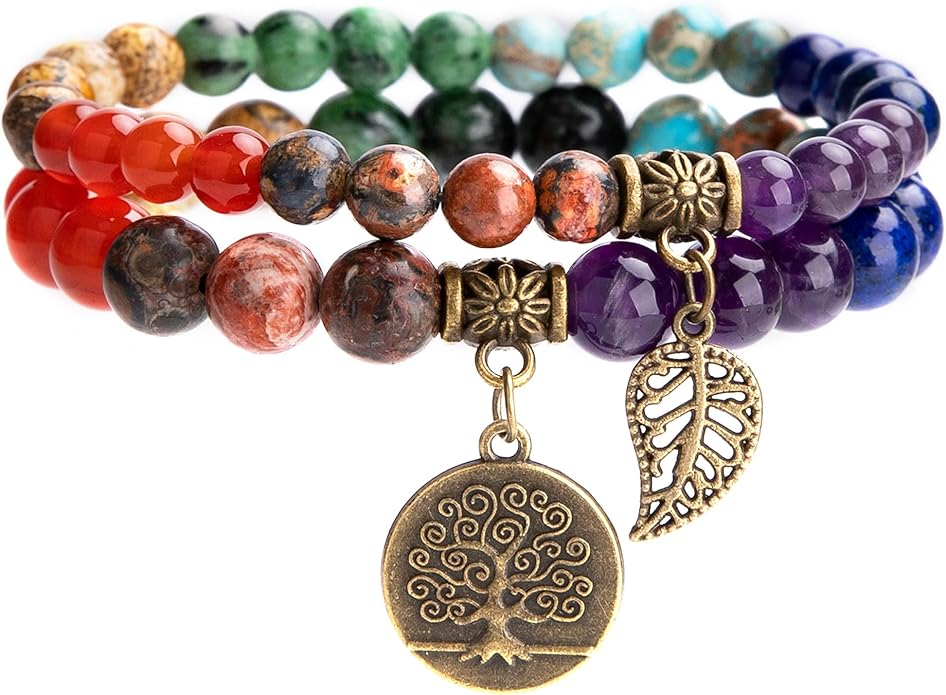 Bivei Natural Semi Precious Gemstone beads bracelet for women - Life Tree and Leaf Charm Energy Reiki Crystal Stretch Bracelets