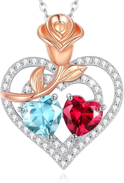 AGVANA Valentines Day Gifts Birthstone Necklace for Women Sterling Silver Rose Flower Heart Double Birthstone Jewelry Pendant Necklace Anniversary Birthday Gifts for Women Mom Wife Girlfriend Her