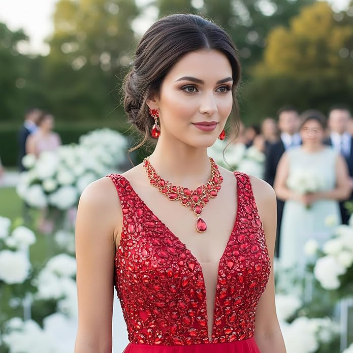Hicarer Bridal Teardrop Cluster Crystal Jewelry Set for Women Necklace Earrings Wedding