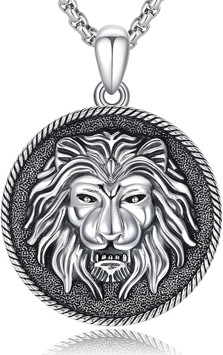 Cuoka Lion Necklace for Men Women S925 Sterling Silver King Retro Punk Gothic Hip Hop Rock Animal Lion Head Pendant Charm Jewelry Chain Necklace Viking Protection Amulet Necklaces