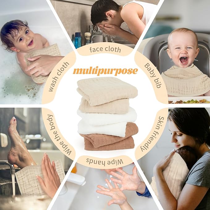 Baby Burp Cloth 100% Cotton Newborn Cotton Muslin Burp Cloth 10x20 inches (White & Coffee 6 Pieces)