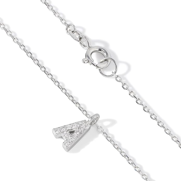 JTV Sterling Silver Initial Necklace for Women, 0.13 CTW White Cubic Zirconia Letter Pendant, Rhodium-Plated, Personalized Monogram Jewelry, Gift Box Included, 18”