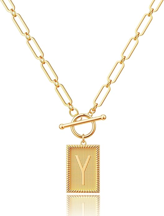 14K Gold Plated Initial Letter Necklace for Women, Personalized Alphabet Pendant with Inspirational Engraving, Paperclip Chain Non-Tarnish Jewelry Gift for Her