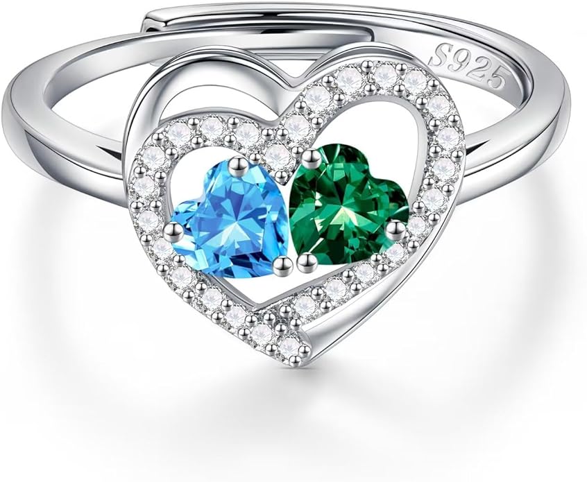 Iefil Adjustable Ring for Women - 925 Sterling Silver Double Birthstone Rings, Anniversary Birthday Gifts for Women Wife Her
