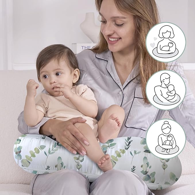 Little Grape Land Nursing Pillow,Upgraded Breast Feeding Pillow for Mom,Breastfeeding & Bottle Feeding for 0–17 Months, Soft Machine Washable Cover with firm breathable filling,Tummy Time,Green Leaves