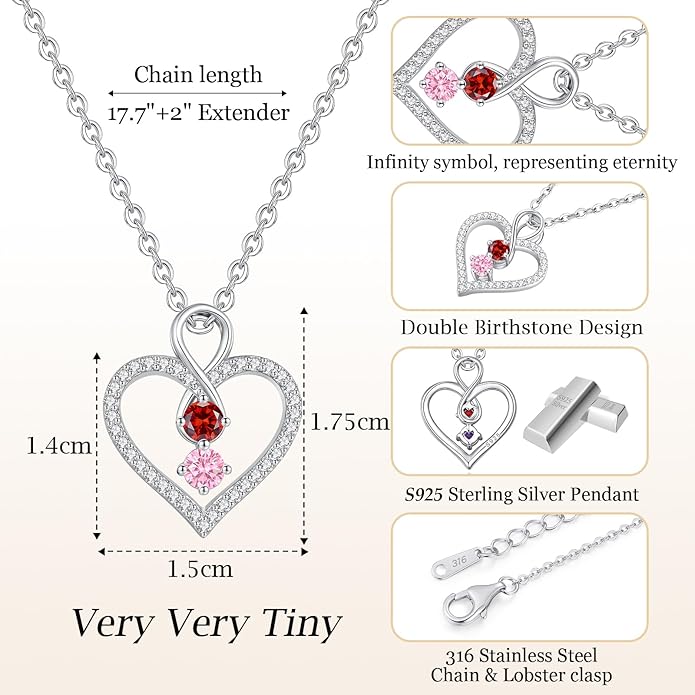 LOUISA SECRET Infinity Double Birthstone Necklace, 925 Sterling Silver Tiny Pendant Heart Necklace for Women Wife Her, Best Jewelry Gift Heart Jewelry Meaningful Gift for Valentine's Day, Christmas, Birthday Anniversary