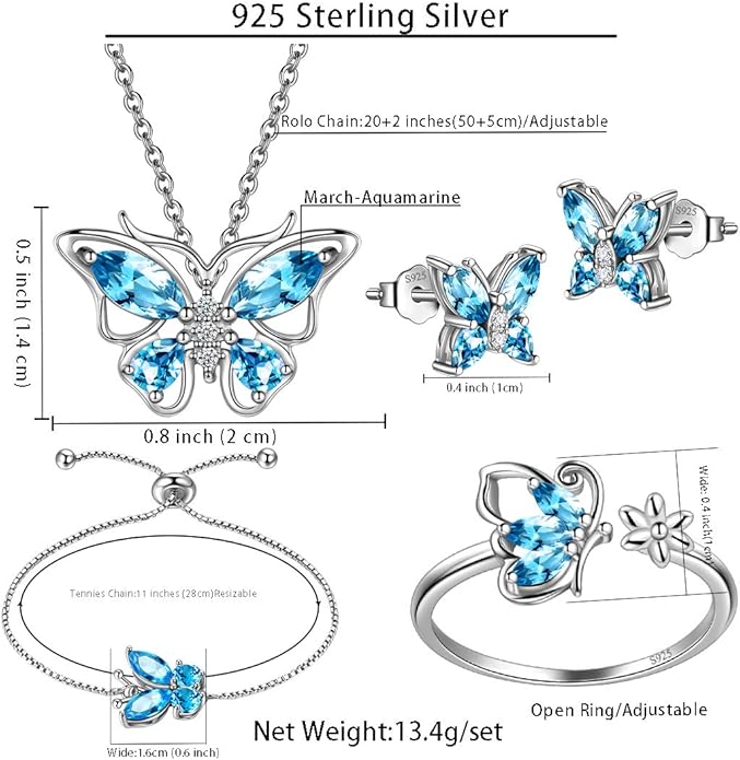 925 Sterling Silver Birthstone Butterfly Jewelry Women Crystal Animal Cute Butterflies Birthday Necklace/Earring/Ring/Bracelet Sets Birth Stone Statement Anniversary Jewellery