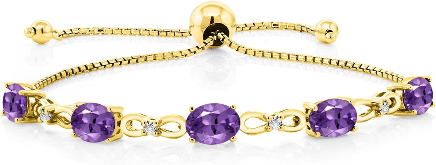 Gem Stone King 7X5MM Oval Cut Gemstone Birthstone and Accent Lab Grown Diamond Tennis Bracelet For Women In 18K Yellow Gold Plated Silver | Adjustable Bolo Bracelet For Women | Easy-On Easy-Off
