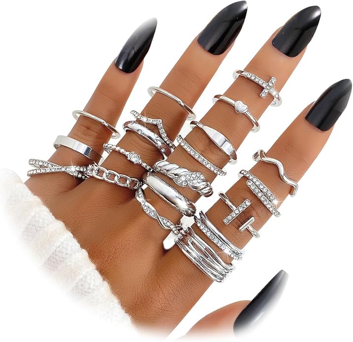 KISS WIFE Goldenen Silvery Black Kunckle Rings Set for Women, Dainty Simple Trendy Cute Stackable Finger Rings Pack, Perfect for Stacking Layering on Thumb and Knuckle, Mixed Size, Jewelry Gift