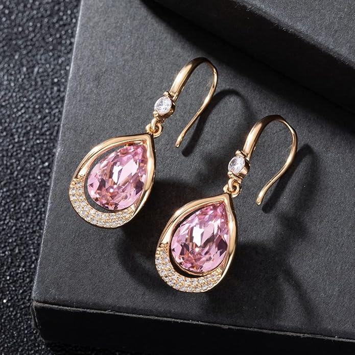 Austrian Crystal Halo Teardrop Hollow Drop Dangle Earrings for Women 14K Rose Gold Plated Hypoallergenic Jewelry Gifts
