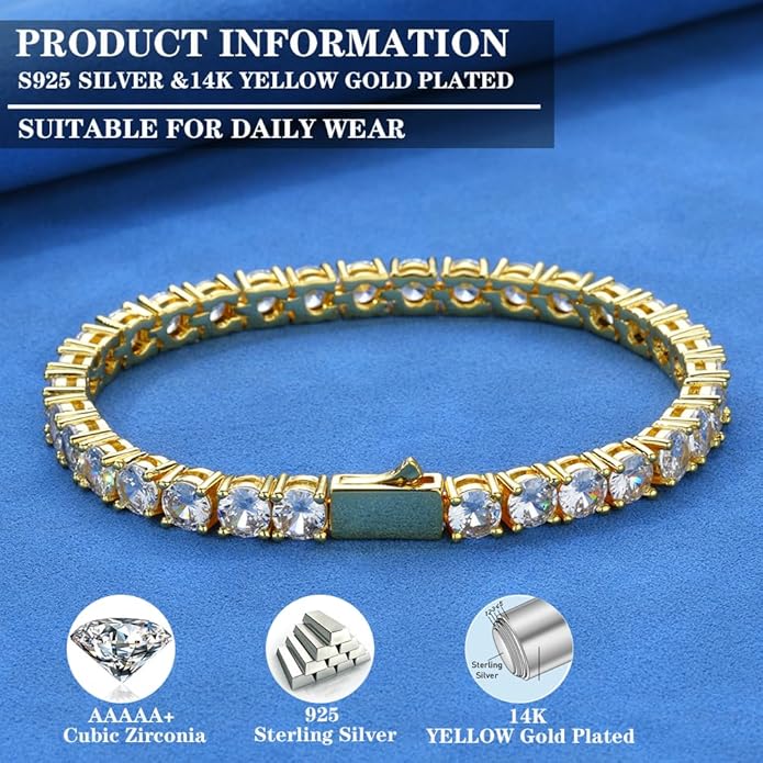 ITALIAN 5A LAB ZIRCONIA Tennis Bracelet for Men | 14K Gold Plated 925 Silver Bold Statement Jewelry | 3mm 4mm 5mm Width Options | Men's Diamond Bracelet, Gold & Rhinestone Tennis Bracelets Gift for Women & Men