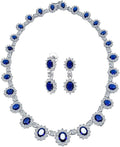 Elegant Vintage Estate-Inspired Bridal Jewelry Set - 5 CTW Oval Crown Halo Statement Necklace & Chandelier Earrings with AAA Cubic Zirconia CZ Simulated Gemstones, Silver Plated, for Women