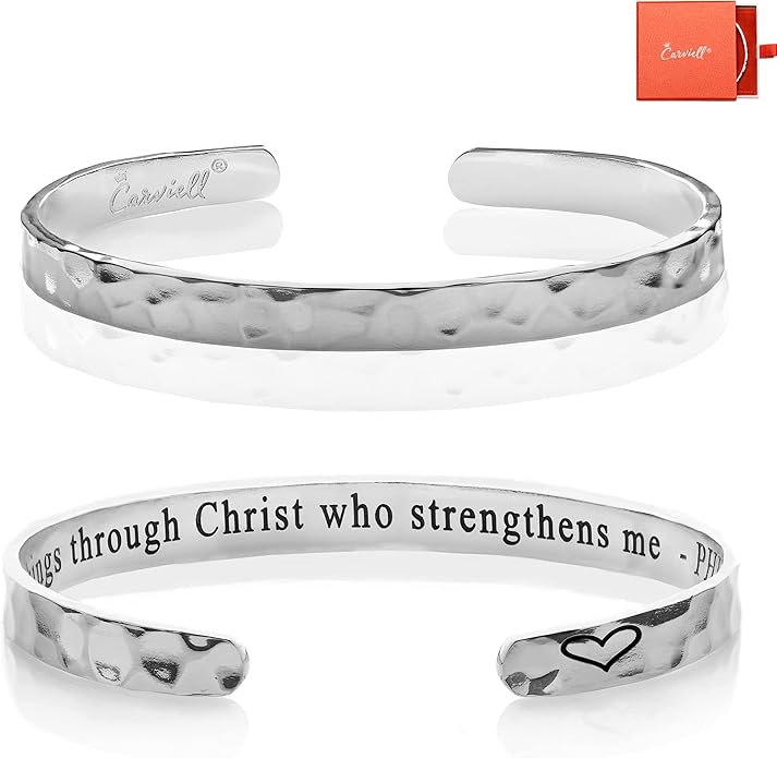 Carviell Engraved Cuff Bracelets for Women – Inspirational, Friendship, Love, Mom, Daughter, Sister, Christian, Graduation, Memorial & Wedding Gifts – 80+ Phrases – Stainless Steel, Gift-Ready
