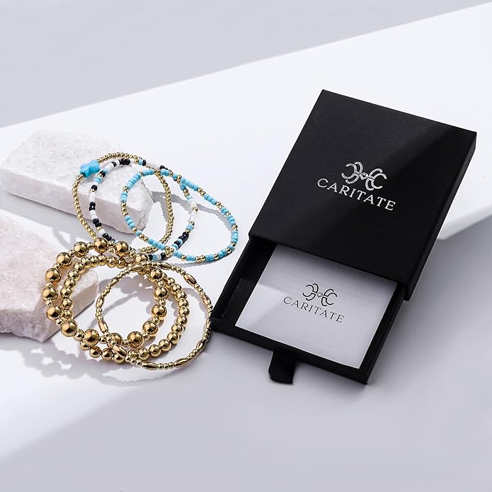 Gold Bracelets for Women Waterproof, 14K Gold Plated Beaded Cross Bracelets Set,Boho Stretch Bracelets Stackable Jewelry for Women Teenage Girls Jewelry Christmas Gifts