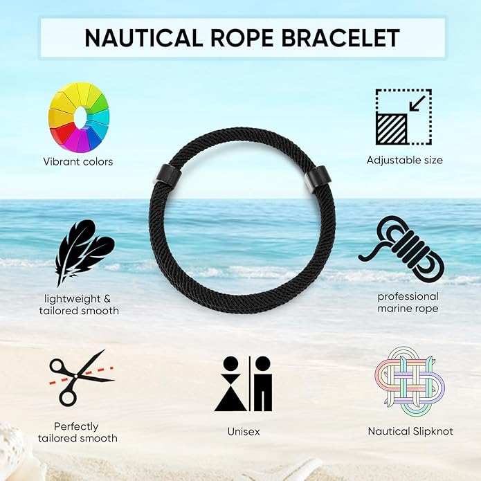 TempBeau Nautical Braided Rope Bracelets Set - 6 Pcs Adjustable Braided Cord Bracelet, Handmade Navy Marine String Bracelet with Metal Knot, Men Women Braided Bracelets Gifts