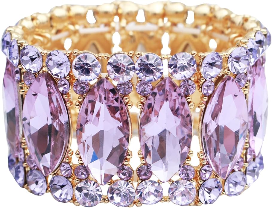 Women’s Elegant Wedding Bridal Crystal Double Row Marquise-Shape Leaf Stretch Bangle Bracelet Bride Jewelry for Women