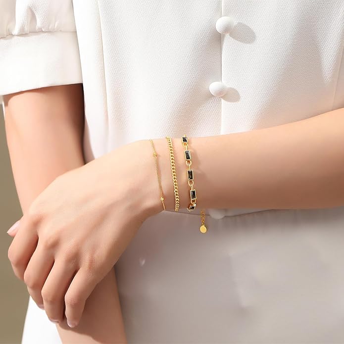 Gold Birthstone Bracelet for Women, 18K Gold Plated Layered Jewelry Bracelet Set, Womens Dainty Stackable Bracelets Link Paperclip Chain Valentines Day Gift for Wife Her