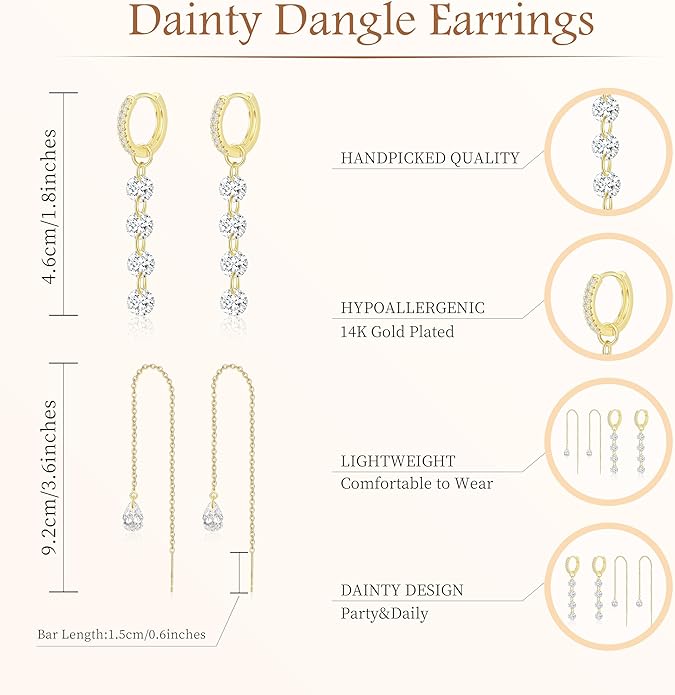 Dangle Earrings For Women Trendy 14K Gold Plated Drop Silver Long Dangling Dainty CZ Simple Hanging Jewelry