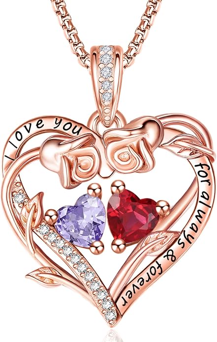 Rose Heart Necklaces for Women, Rose Gold Forever Love Jewelry with 2 Birthstones Pendant,Valentines Anniversarry Birthday Gifts for Her Wife Mom Grandma Daughter, 18+2 Inch Chain
