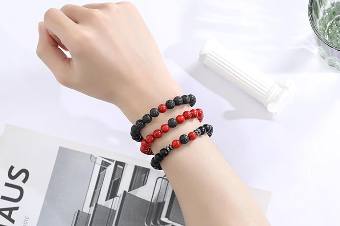 XIANNVXI Natural Stone Beads Bracelet for Men Crystal Bracelets 8MM Tiger Eye Lava Rock Obsidian Beaded Bracelet Set Black/Red/Blue Crystal Beaded Bracelets for Men