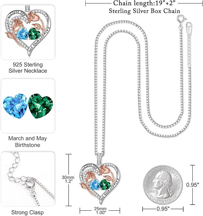 Iefil Valentines Day Gifts for Her - 925 Sterling Silver Rose Heart Birthstone Necklace Birthday Anniversary Jewelry Gifts for Her Wife Mom Daughter