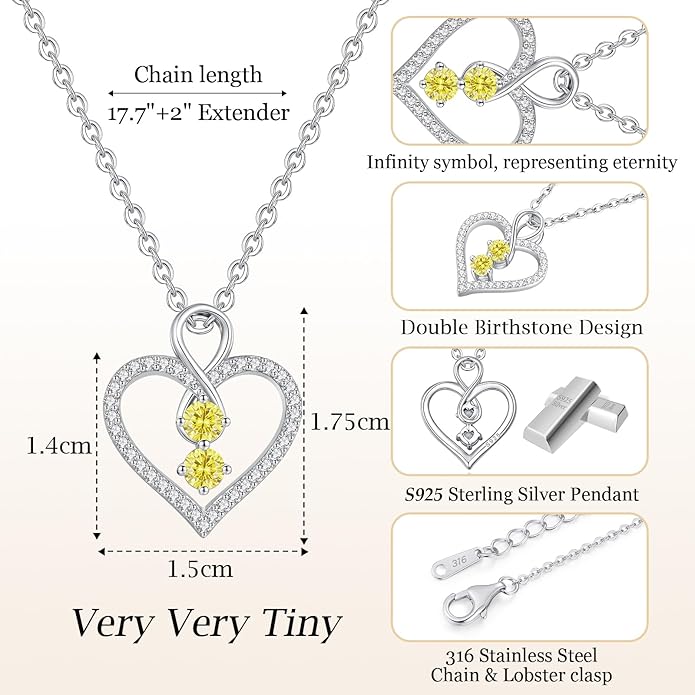 LOUISA SECRET Infinity Double Birthstone Necklace, 925 Sterling Silver Tiny Pendant Heart Necklace for Women Wife Her, Best Jewelry Gift Heart Jewelry Meaningful Gift for Valentine's Day, Christmas, Birthday Anniversary