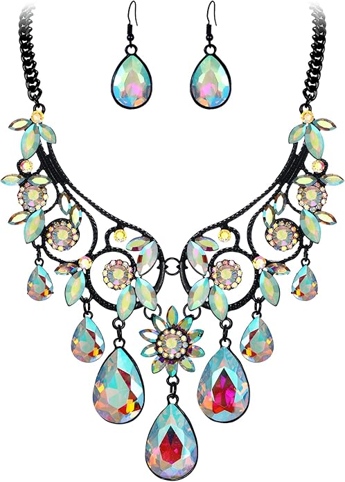BriLove Women's Tribal Ethnic Crystal Chunky Statement Necklace Dangle Earrings Set
