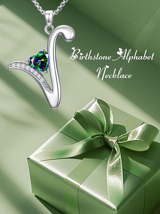 Valentines Day Gifts for Women Alphabet A to Z Initial Birthstone Pendant Necklaces for Women - 18k White Gold Plated Personalized Name Jewelry Valentine Mothers Day Birthday Gifts for Women Her Girlfriend