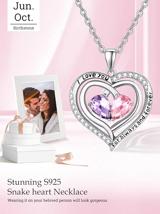 Valentine's Day Gifts for Wife 925 Sterling Silver Double Birthstone Pendant Necklaces I Love You for Always and Forever Necklace Anniversary Birthday Gifts for Wife Girlfriend Mom Her