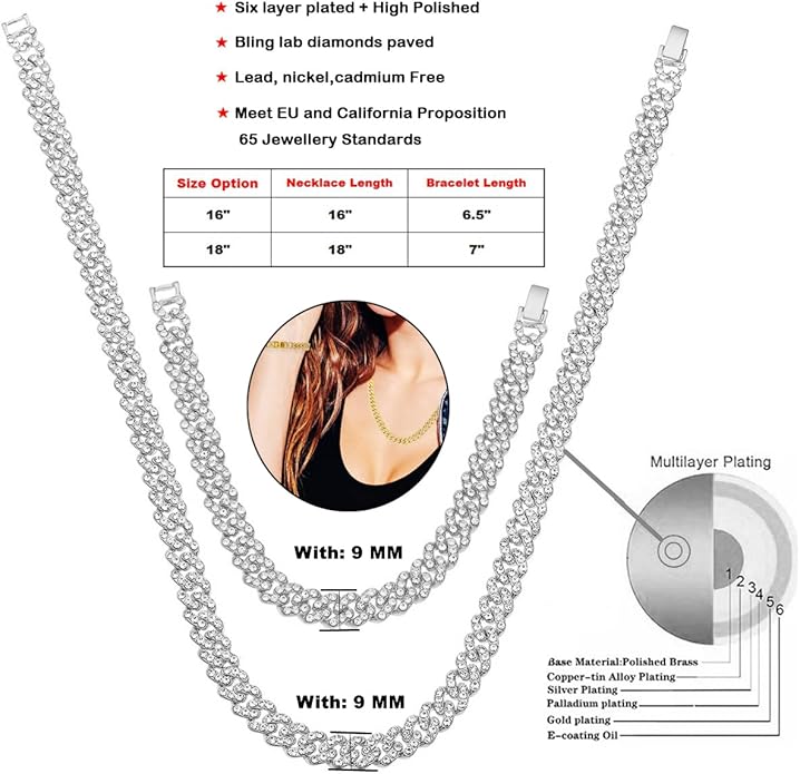 HH BLING EMPIRE 14k Gold/Silver Cuban Link Chain for Women Iced Out Diamond Chunky Cuban Link Necklace Chain Bracelet 2pcs Sets
