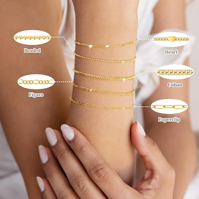 Gold Bracelets Set for Women Stack, Dainty Thick Bracelets Stack for Women Trendy, Simple Thin Gold Plated Cuff Stackable Bracelets With Beaded Cuban Paperclip Snake Rope Bangle Hand Chain Jewelry Gifts for Women Non Tainish