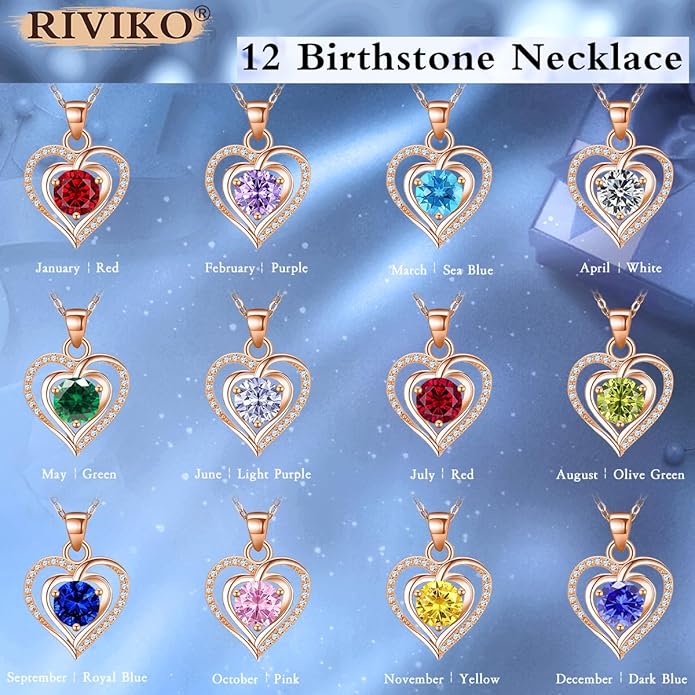 RIVIKO Heart Birthstone Pendant Necklace for Women 925 Sterling Silver Zirconia Necklaces Valentine's Day Anniversary Birthday Mothers Day Jewelry Gifts For Her Mother Wife