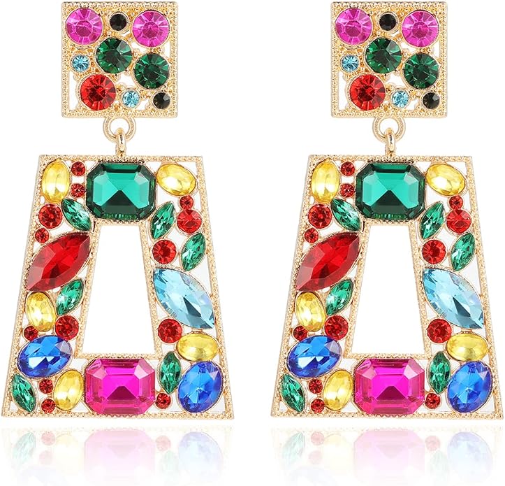Rhinestone Rectangle Statement Earrings Colorful Crystal Geometric Drop Dangle Earrings for Women Prom Party