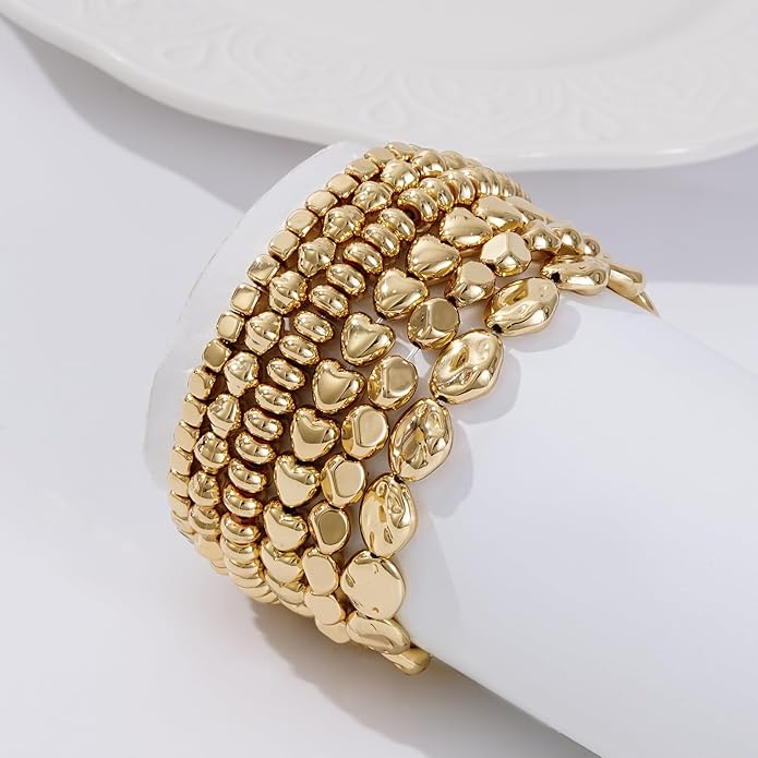 Gold Plated Beaded Bracelets for Women Trendy, 14K Gold Plated Stack Cross Pearl Gold Plated Bead Stretch Bracelets Set Elastic Hypoallergenic Bracelets Jewelry Gifts