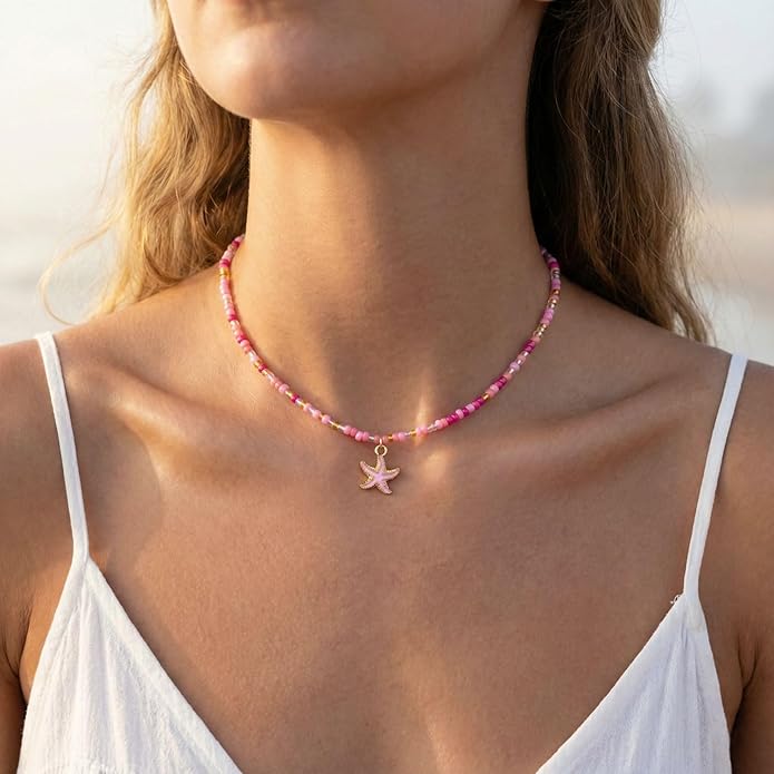 Women's Shell Starfish Boho Layered Beaded Necklace Choker for Summer Beach Vacation Gifts for Birthday/Anniversary/Christmas
