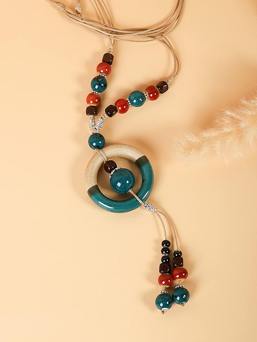 MINACHI Boho Hippie Colorful Ceramic Beads Strand O Ring Circle Charm Long Y Necklace, Vintage Bohemian Statement Jewelry Gift for Women