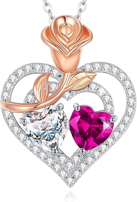 AGVANA Valentines Day Gifts Birthstone Necklace for Women Sterling Silver Rose Flower Heart Double Birthstone Jewelry Pendant Necklace Anniversary Birthday Gifts for Women Mom Wife Girlfriend Her