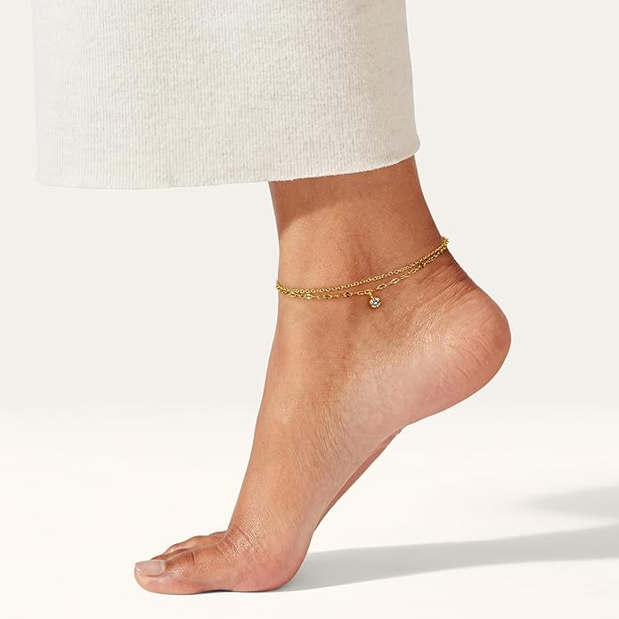 JINEAR Gold Ankle Bracelets for Women，14K Gold Plated Waterproof Chain Herringbone Layered Beaded Anklets Adjustable Summer Beach Jewelry Gift for Women