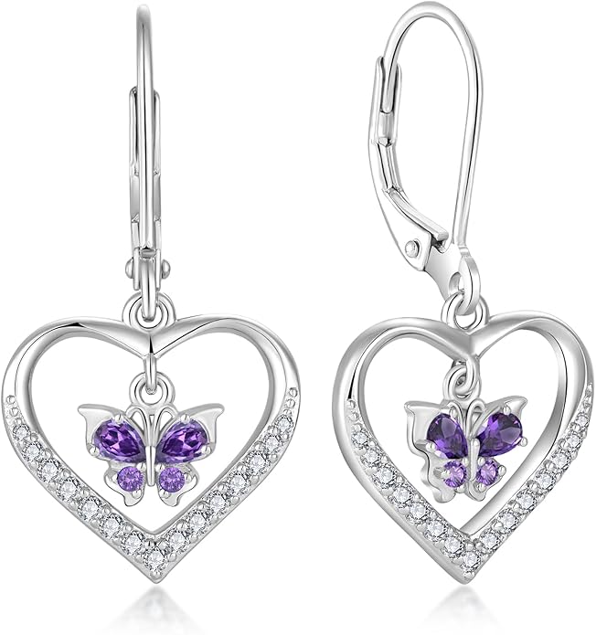 Butterfly Birthstone Heart Dangle Drop Earrings, 925 Strlings Silver 5A Cubic Zircon Leverback Earrings Jewelry Anniversary Birthday Gifts for Women