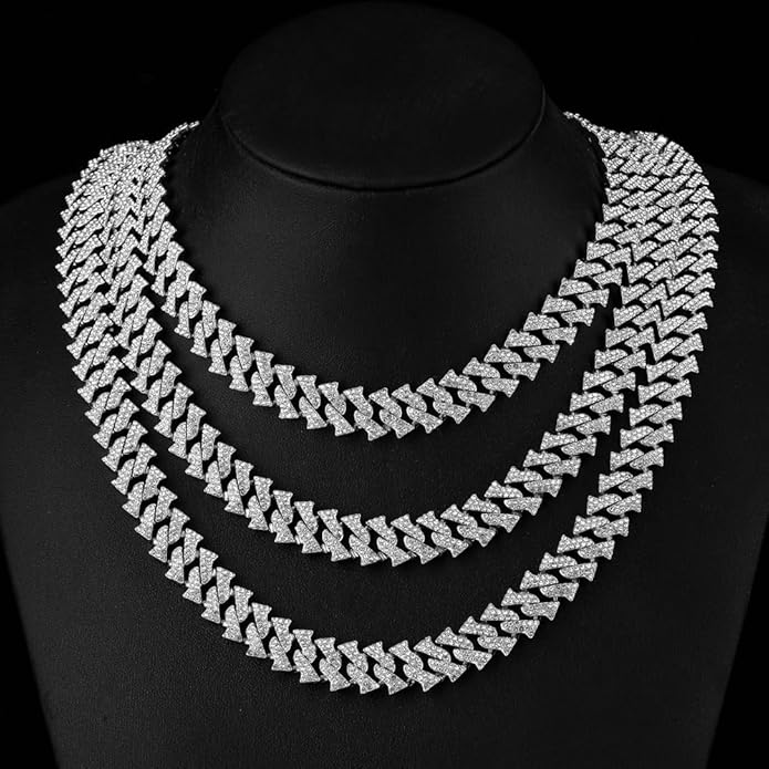 HH BLING EMPIRE 14k Gold/Silver Cuban Link Chain for Women Iced Out Diamond Chunky Cuban Link Necklace Chain Bracelet 2pcs Sets