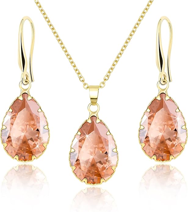 Linawe Crystal Jewelry Sets for Women, Imitation Diamond Pendant Necklace, Rhinestone Drop Dangle Earrings, Birthstone Cubic Zirconia Matching Wedding Jewelry, 14K Gold/Rose Gold/Silver Tones