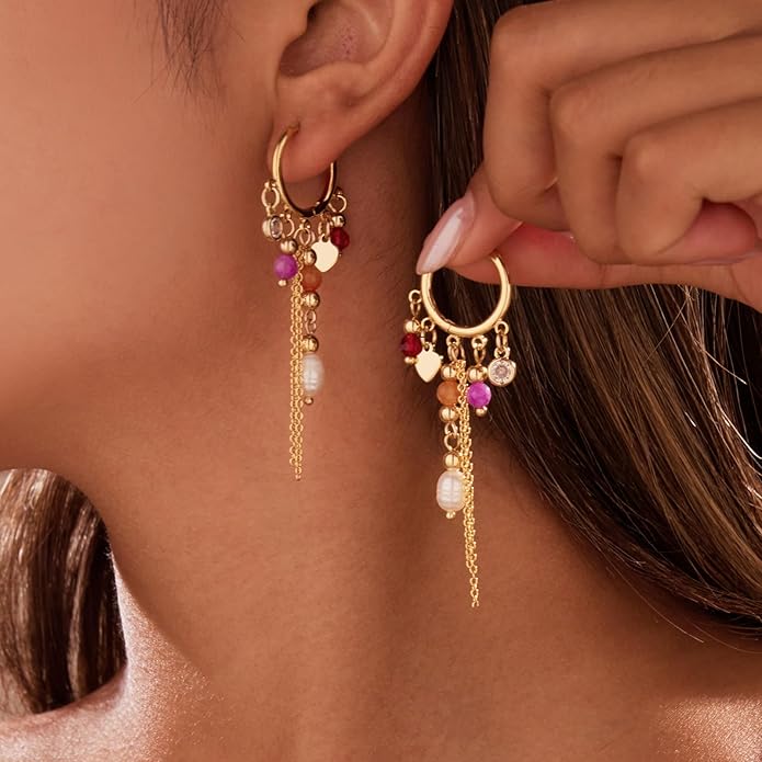 GZQ Bohemian Tassel Hoop Earrings for Women,Colorful Beaded Pearl Dangle Jewelry Fashion Statement Accessory for Gift Daily Wear Party Date, Lightweight 2.75in