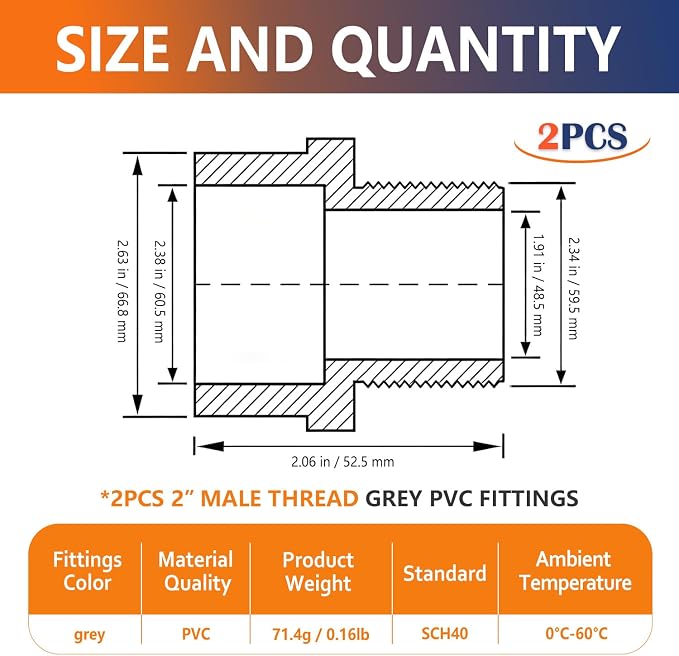 2PCS 2" Male Thread Grey Pvc Fittings 2 Way PVC Pipe Connector - Image 2