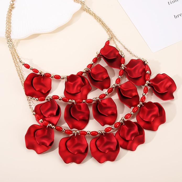 Flower Petal Necklace Earrings Set Layered Statement Beaded Jewelry Set for Women Summer Necklace Earrings