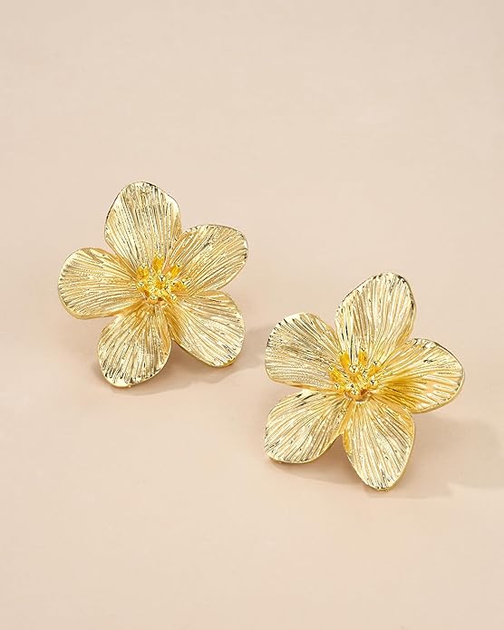 18K Gold Plated Large Chunky Flower Statement Earrings for Women by SNGIA, Summer Beach Floral Handmade Drop Jewelry, Maximalist Wedding Date Birthday Gift, Bold Exaggerated Textured Dangle Trendy Ribbed Jewelry, 18K Gold Plated Chandelier Fashion Acce...