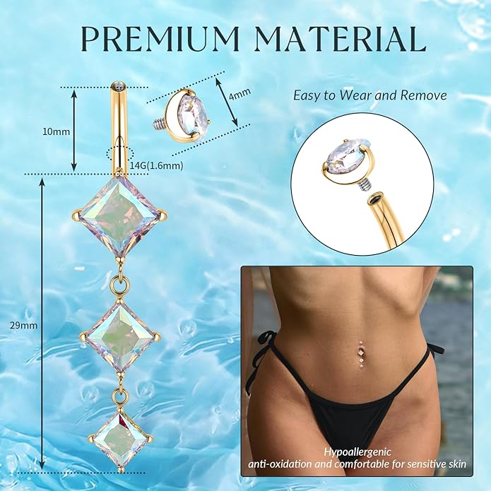 GAGABODY G23 Titanium Belly Button Ring Dangle Belly Rings Belly Piercing Jewelry 14G 3/8 inch 10mm Navel Barbell CZ Navel Piercing Ring