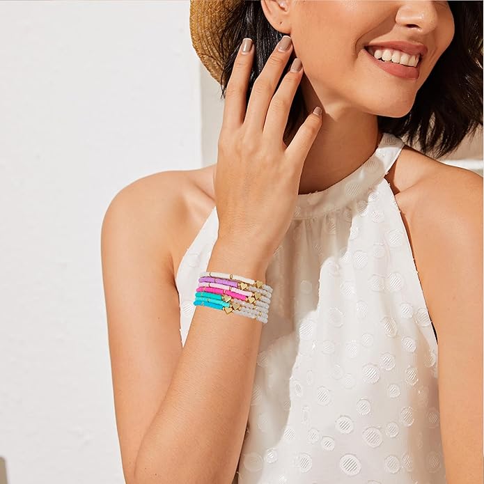 Heishi Beaded Stretch Bracelets for Women Stackable Polymer Clay Beads Bracelets Friendship Boho Summer Beach Bracelet Jewelry Set