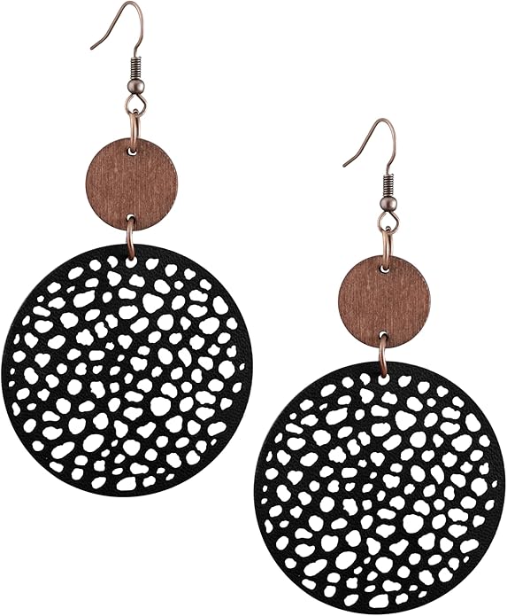 MINACHI Bohemian Hollow Cut-Out Wood Leather Dangle Drop Earrings, Boho Chic Hippie Statement Jewelry Gift for Women