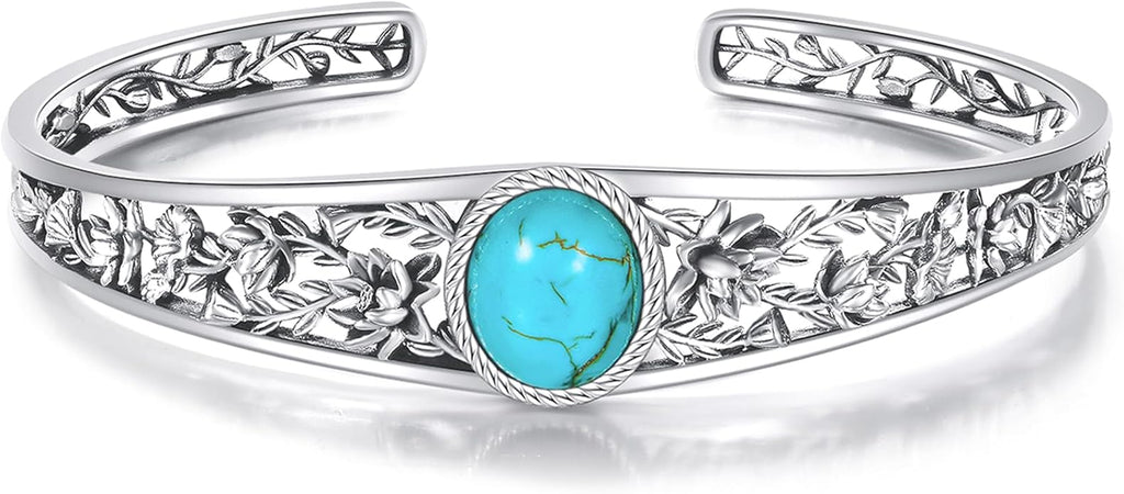 Genuine Turquoise Cuff Bracelet for Women, Sterling Silver Western Vintage Floral Bangle Native American Jewelry, For 6.5-7.5 Inch Wrists